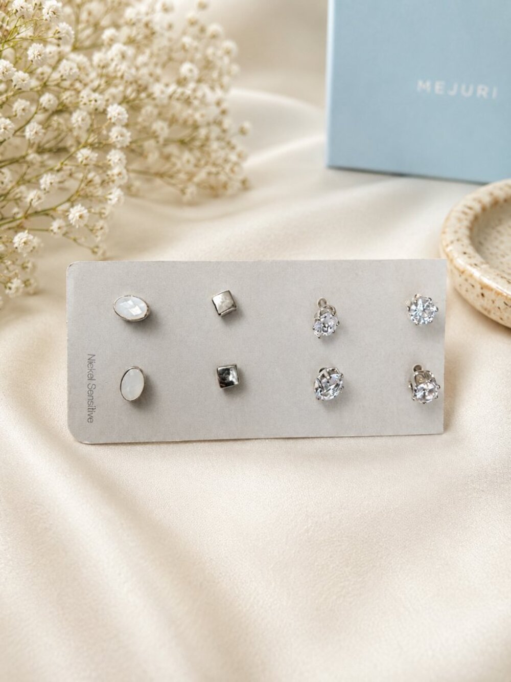 Silver Tone Nickel Sensitive Mixed Stud Earrings 4 Pair Set Crystal Pearl
